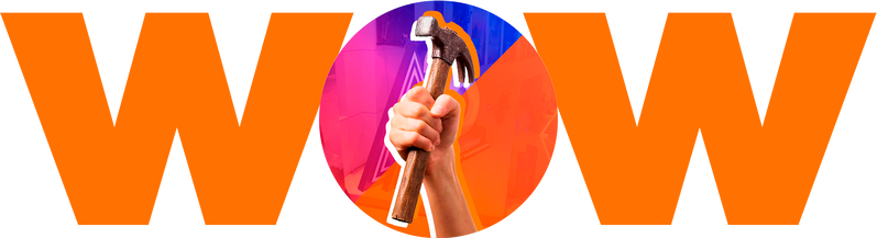 Logo de Wow Factory con ícono de construcción para eventos.